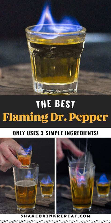 Firefighter Themed Cocktails, Fire Cocktail Drink Recipes, Flaming Drinks Cocktails, Dr Pepper Shots, Dr Pepper Drink Alcohol, Flaming Dr Pepper Recipes, Flaming Cocktails Drink Recipes, Fire Themed Drinks, Western Party Drinks