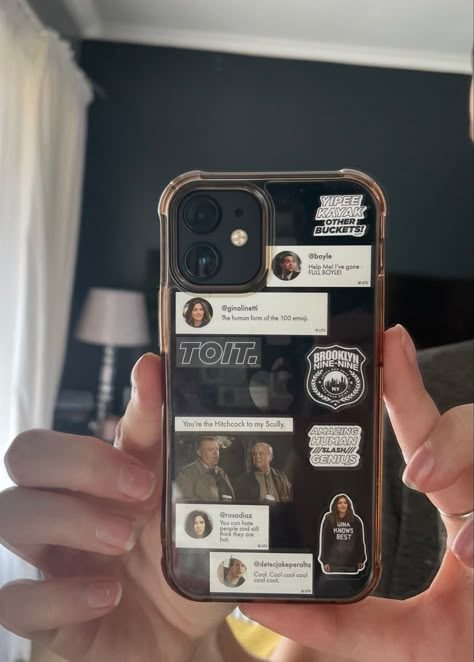 IPhone 12 mini with stickers on case of the show Brooklyn Nine Nine Iphone 12 Phone Cases Aesthetic Black, 12 Mini Iphone Cases, Iphone 12 Black Case, Iphone 12 Aesthetic Black, Iphone Mini Aesthetic, Iphone 12 Aesthetic Cases, Iphone 11 Cover Aesthetic, Black Iphone Case Aesthetic, Iphone 11 Cases Aesthetic