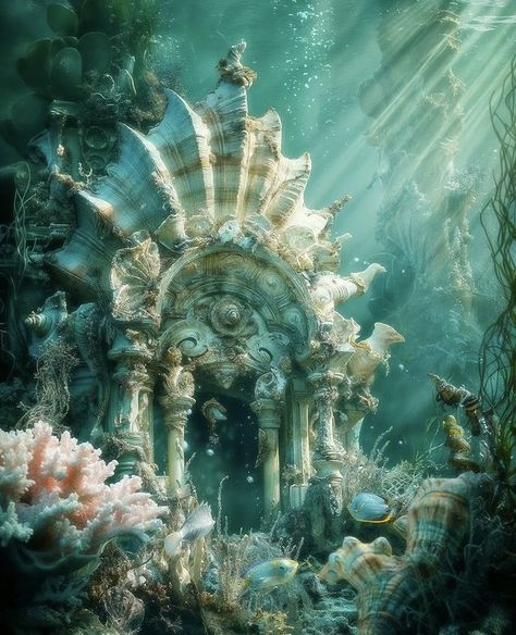 Underwater Portal Fantasy Art, Mermaid City Concept Art, Ocean Fantasy Art Underwater, Magical Underwater World, Fantasy Underwater Creatures, Fantasy Water Kingdom Aesthetic, Mermaid Cove Aesthetic, Underwater Kingdom Aesthetic, Undersea Aesthetic