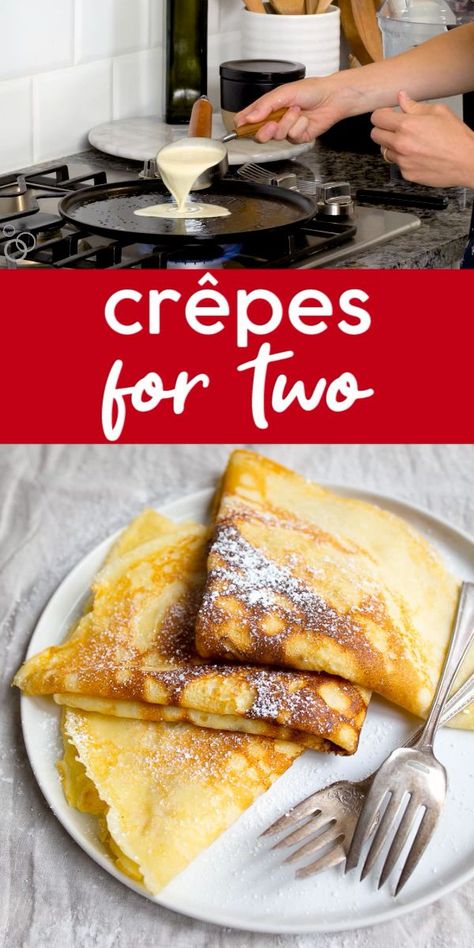 Easy crepe recipe for two! Small batch crepes recipe makes just 4 crepes. Perfect if you're new to crepes! This recipe can be doubled. Crepe recipe for two. Crepe For One, Making Crepes Video, Crepe Recipe For Two, Small Batch Crepes, Crepes For One, Crepes Recipe Easy, Tables For Two, Crepes Sweet, Crepes Recipe Breakfast