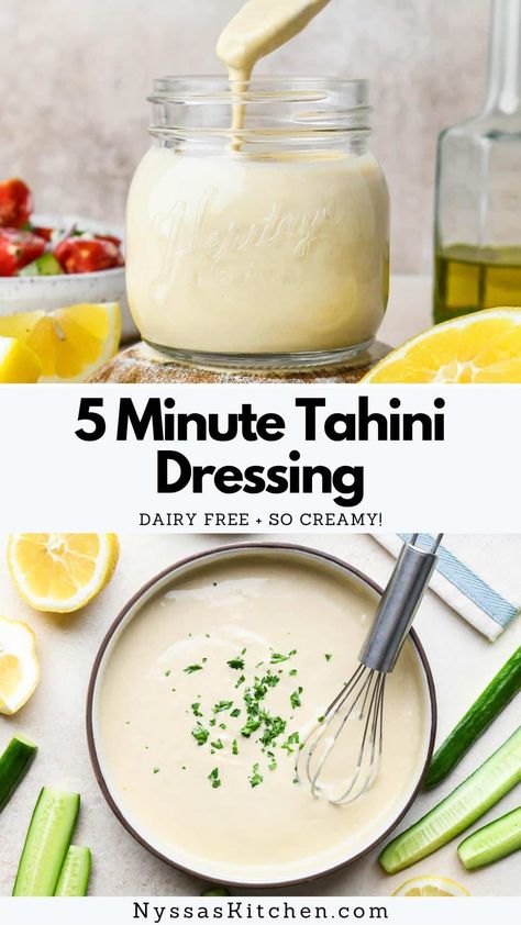 This creamy, easy-to-make tahini dressing is the new homemade sauce recipe you'll love having in your back pocket! Bright and nutty, it's the perfect addition to salads, grain bowls, roasted vegetables, or a simple protein. Gluten free, vegan option, Whole30 option. Vegan Sauces, Salad Dressing Creamy, Tahini Vinaigrette, Tahini Salad, Tahini Salad Dressing, Vegan Salad Dressing, Homemade Sauce Recipes, Simple Salad, Dressing Recipes