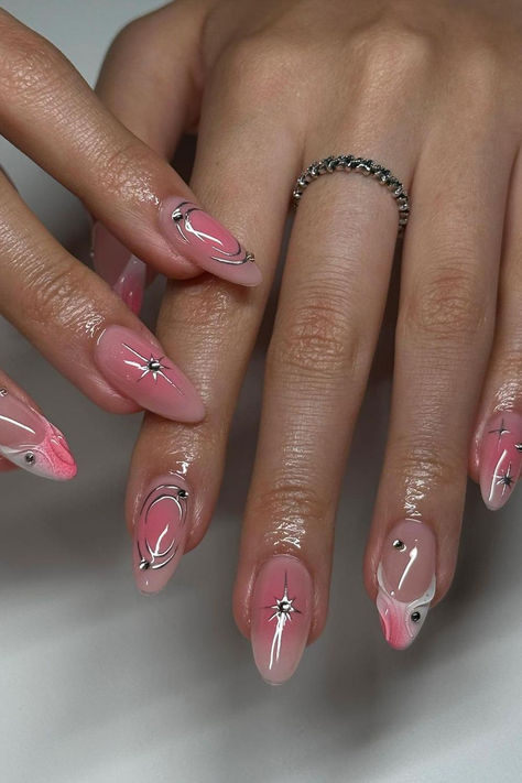 Glamorous Almond Nails in Ballet Pink with Ethereal Pastel Pink Aura and Shimmering Silver Accents ✨ // Photo Credit: Instagram @kimchisnails Cute Office Nails, Cool Pink Nail Designs, Pink Aura Nails With Gems, Nails Almond Trendy, Birthday Nails Almond, Aura Nails Pink, Silver And Pink Nails, Eyeshadow Nails, Cute Nail Art Ideas