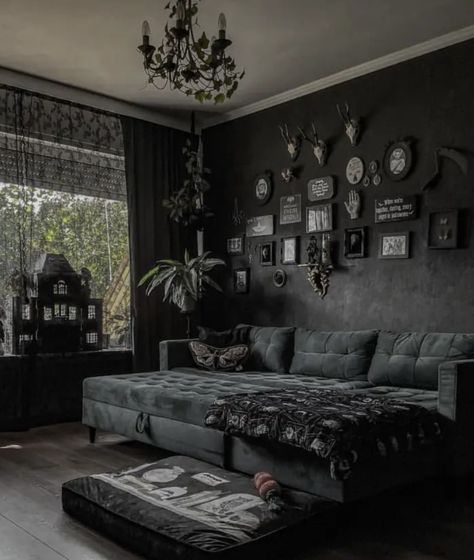 Cosy Gothic Living Room, Modern Gothic Farmhouse Kitchen, Gothic Living Room Ideas Modern, Dark Gothic Home Aesthetic, Soft Goth Living Room, Goth Home Aesthetic Victorian, Simple Gothic Home Decor, Goth Modern House, Modern Goth Interior