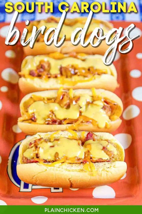 South Carolina Bird Dog Sandwiches - my FAVORITE sandwich! Chicken fingers, bacon, cheese, and honey mustard served in a warm hot dog bun. Great for a quick lunch, dinner, or parties! We love to take these to the parking lot for tailgating. food! Assemble and warm up on the grill before the big game. Everyone LOVES these easy chicken finger sandwiches. #chicken #hotdog #sandwich #chickenfingers #bacon #gameday #tailgating Bird Dog Sandwiches Tipsy Housewife, Chicken Hotdog, Sandwiches Chicken, Hotdog Sandwich, Chicken Finger, Sandwich Chicken, Tailgating Food, Hot Dog Bun, Hot Sandwiches