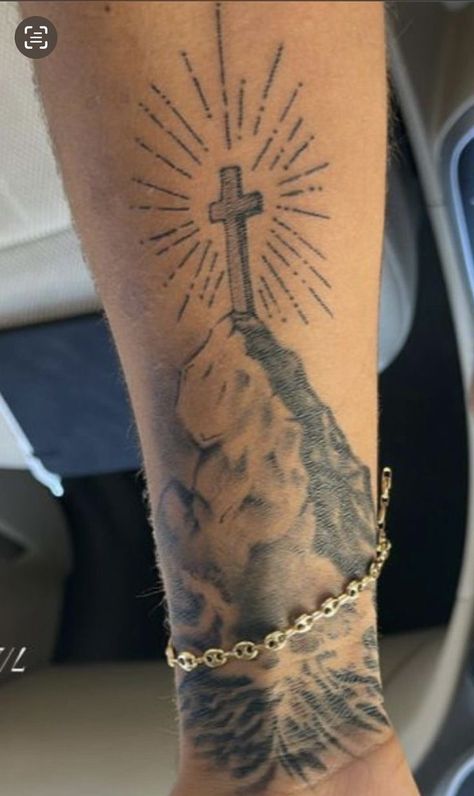 Chrome Cross Tattoo, Cross Tattoos For Men Forearm, Christian Tattoos Men, Two Hands Tattoo, Cross Tattoos For Men, Cross Tattoo On Hand, Simple Leg Tattoos, Arm Tattoos For Guys Forearm, Outer Forearm Tattoo