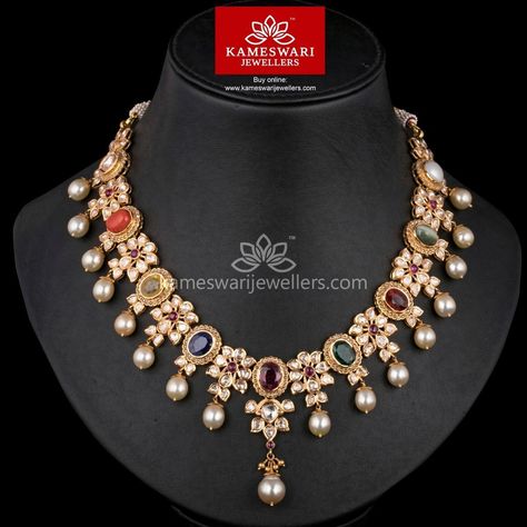 Polki Haar, Kameswari Jewellers, Fancy Jewelry Necklace, Beautiful Gold Necklaces, Gold Necklace Indian Bridal Jewelry, Jewelry Set Design, Gold Pendant Jewelry, Black Beaded Jewelry, Gold Fashion Necklace