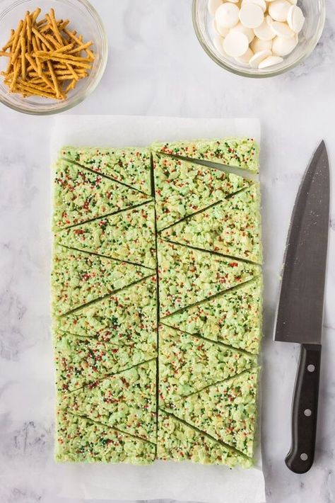 Rice Krispy Trees Christmas Treats, Rice Krispie Trees Christmas, Rice Crispy Treat Christmas Trees, Rice Crispy Christmas Tree, Rice Krispie Treats Recipe Christmas, Elf Rice Crispy Treats, Rice Krispie Treats Christmas Tree, Christmas Tree Rice Crispy Treats, Rice Crispy Squares Christmas