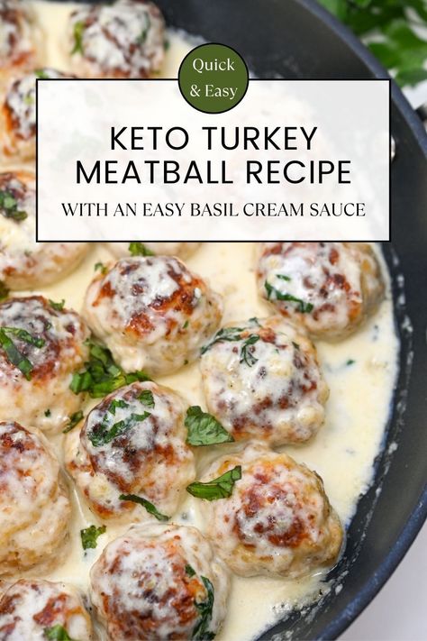 Tender, juicy, and savory in taste but simple to whip up. This Keto Turkey Meatball Recipe With An Easy Low Carb Sauce is cooked with a basil cream sauce that results in pure comfort food with only 4 grams of net carbs. Use them as a family dinner or a potluck appetizer, these gluten free turkey meatballs will be gobbled up in no time. Turkey Meatballs With Cream Sauce, Turkey Meatballs White Sauce, Turkey Recipes Low Carb, Keto Meatball Sauce, Sauce For Turkey Meatballs, Keto Meatballs Low Carb, Keto Turkey Recipes, Keto Meatball Recipes, Easy Keto Meatballs