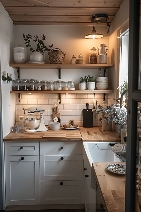 Cottage Kitchens, Small Kitchen Cabinet Layout, Tiny Cottage Kitchen, Dapur Rustic, Interior Dapur, Small Cottage Kitchen, Casa Vintage, Tiny Cottage, Cozy Kitchen