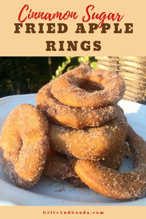 These Cinnamon-Sugar Fried Apple Rings taste like a cross between an apple fritter, apple pancake, and a cinnamon-sugar coated apple cider doughnut with the bonus of having a slice of apple in the middle! Fried Apple Rings, Cinnamon Apple Rings, Apple Cider Doughnut, Cinnamon Sugar Tortillas, Cinnamon Sugar Apples, Fried Apple, Apple Donuts, Apple Rings, Apple Recipes Easy