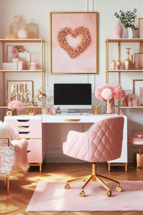 Pink homeoffice decor for girl boss office Pink And Gold Home Office, Women Office Space At Home, Girly Office Wallpaper, Pink And Gold Craft Room, Girlie Office, Pink And Gold Office Decor, Pink Home Office Decor, Pink Boho Office, Girl Office Ideas