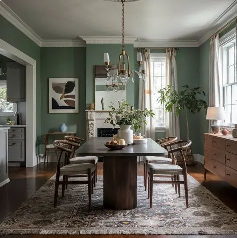 15 Stylish Dining Room Trends Ideas to Refresh Your Space Today - Home Experts Dining Room Design Green, Green Dining Room Paint, Green Dining Room Walls, Cream Dining Room, Moody Dining Room, Dining Room Wall Color, Dining Room Trends, Dining Room Colour Schemes, Dining Room Victorian