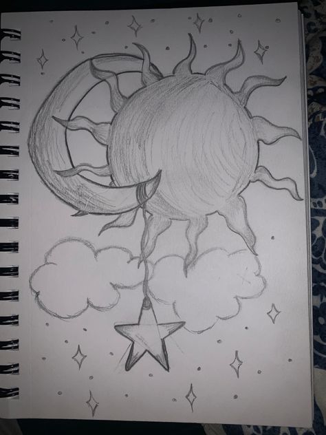 A sun with a moon hanging a star, with little starts and some clouds incorporated into it! Simple Sun And Moon, Shading For Beginners, Cute Drawings Tumblr, Sun And Moon Drawing, Name Drawings, Sun Drawing, Shading Drawing, Cats Art Drawing, Hand Doodles