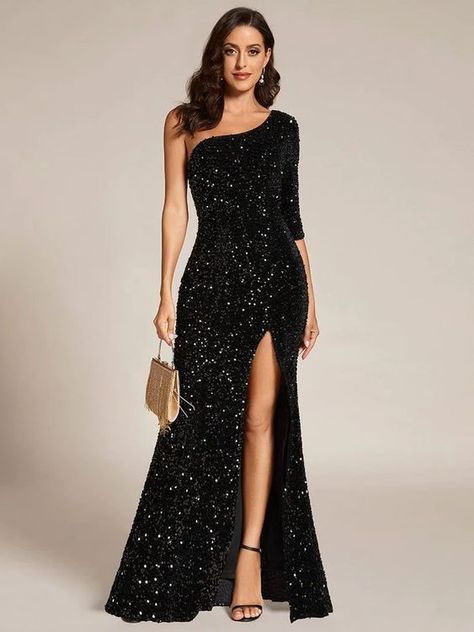 Gowns With Boots, Long Wedding Guest Dress, Sondra Celli, Wedding Tshirt, Wedding Guest Dress Ideas, Firefighter Wedding, Dancesport Dresses, Sequin Evening Dress, Sequin Evening Dresses