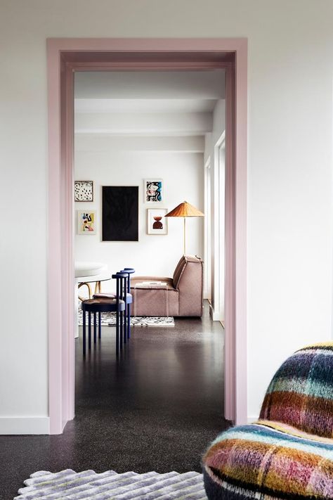 Creativity, colour, culture and chaos reign supreme in this thoughtfully curated Melbourne home renovation. It's safe to say there's nothing cookie cutter about this home! Painted Trim, Pink Door, Pink Tiles, Melbourne House, Exclusive Home, Built In Bench, Pink Trim, Australian Homes, Main Bedroom