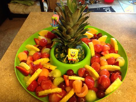 SpongeBob themed fruit salad perfect for a kiddos birthday party! Spongebob Fruit Platter, Spongebob Veggie Tray, Spongebob Themed Snacks, Spongebob Labels, Spongebob Birthday Party For Adults, Spongebob Themed Food Ideas, Spongebob Birthday Decorations Diy Party Ideas, Adult Spongebob Party Ideas, Spongebob Birthday Party Decorations Diy