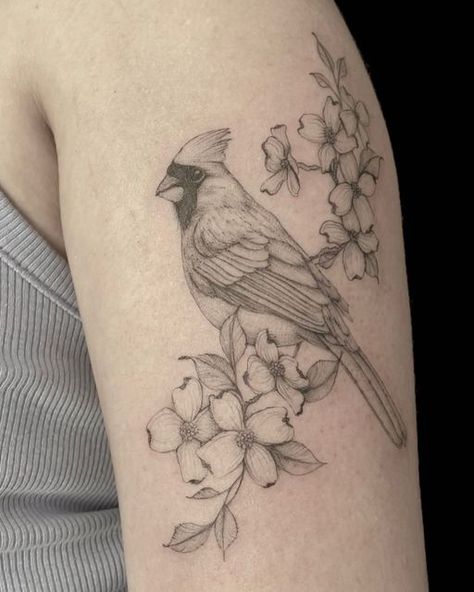 Feminine Cardinal Tattoo, Cardinal And Lily Of The Valley Tattoo, Daisy And Cardinal Tattoo, Cardinal Tattoo Flowers, Cardinal Dogwood Tattoo, Cardinal Back Tattoo, Cardinal And Magnolia Tattoo, Bird Tattoo Cardinal, Floral Cardinal Tattoo