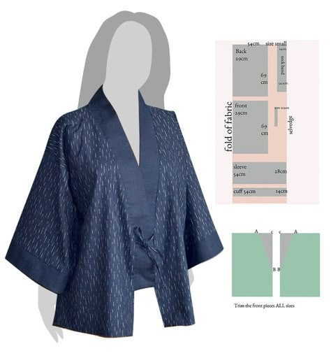 Kimono Cardigan Pattern Free, Kimono Style Jacket Pattern, Kimono Top Sewing Pattern, Japanese Happi Coat Pattern, Easy Kimono Pattern Free Sewing, Japanese Clothes Patterns, Comfy Sewing Patterns, Sashiko Jacket Pattern, Kimono Shirt Pattern