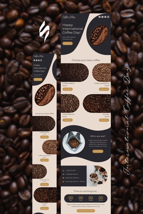 International Coffee Day Email Template "Choose your best coffee" for Beverages industry. Create professional, responsive emails fast with no HTML skills. Follow us on Pinterest for more inspiration and tips. 🤗 #coffeeday #stripoemail #emailnewsletter #emailtemplates #emaildesign #emailmarketing Coffee Email Design, Email Design Inspiration Creative, Edm Inspiration, Coffee Advertisement, International Coffee Day, Coffee Delivery, Boss Coffee, Coffea Arabica, International Coffee