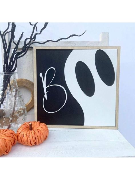 1pc Rustic Wood Framed Halloween Ghost Wall Decor, "BOO" Festive Decoration, 8.6x8.6 Inch, Hanging Ornament For Home, Battery-Free Multicolor    Wood     Home Decor, size features are:Bust: ,Length: ,Sleeve Length: Diy Boo Sign, Diy Fall Decor To Sell, Diy Halloween Signs Wood, Fall Sign Ideas, Diy Fall Signs, Wood Halloween Decorations, Porche Halloween, Boo Halloween Sign, Woodshop Ideas