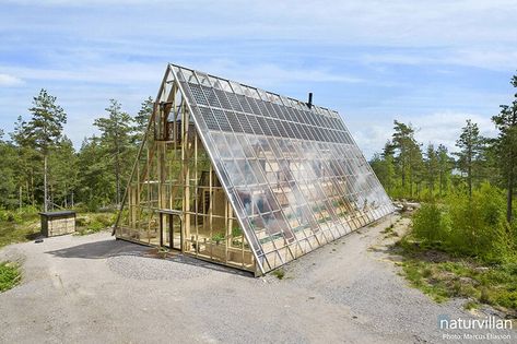 naturvillan is a self-sufficient, off-grid A-frame greenhouse home in sweden A Frame Greenhouse, Living Independently, Greenhouse Home, Sustainable House Design, Off Grid Cabin, House In Nature, Frame House, House Blend, Unique Buildings