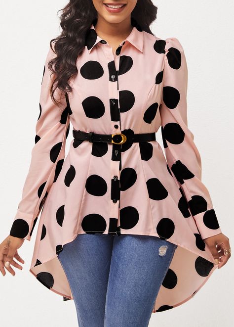 Polka Dot Dip Hem Light Pink Blouse | Rosewe.com - USD $33.87 Chiffon Tops For Women Trendy, Trouser And Top For Ladies, Dip Hem Blouse, Curvy Casual Outfits, Light Pink Blouses, Fashionable Work Outfit, 2piece Outfits, Dinner Dress Classy, Winter Decoration