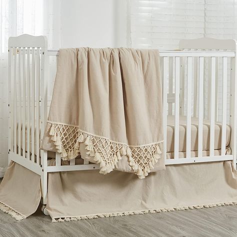 Brandream Gender Neutral Boho Bohemian Baby Girl Boy Nursery Crib Bedding Set 3 Pieces Solid Beige Farmhouse Chic Unisex Minimalist Tassel Fringe Macrame Cozy 100% Washed Cotton Beige Farmhouse, Gender Neutral Crib Bedding, Boho Crib Bedding, Crib Bed Skirt, Baby Crib Sets, Neutral Crib, Crib Comforter, Bohemian Nursery