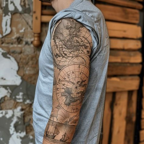 Close-up view of a person's arm with an intricate old-world map tattoo design, showcasing continents, oceans, and mythical creatures. Ideal body art for adventure enthusiasts and history lovers. Map Tattoo Design, World Map Tattoo, Always Tattoo, World Map Tattoos, Map Tattoo, History Tattoos, Map Symbols, Map Tattoos, Detailed Tattoo