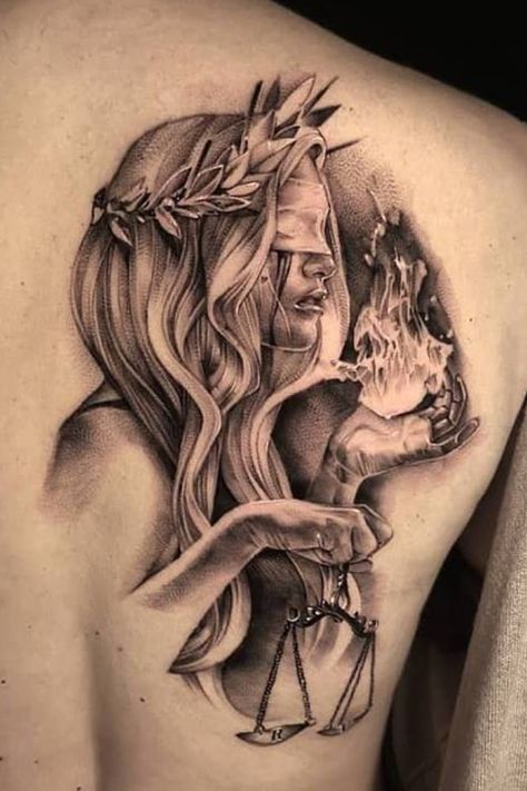 Lady Justice Tattoo, Woman Portrait Tattoo, Tattoo Back Piece, Greek Goddess Tattoo, Portrait Tattoo Sleeve, Flesh Tattoo, Justice Tattoo, Libra Tattoo, Back Piece Tattoo