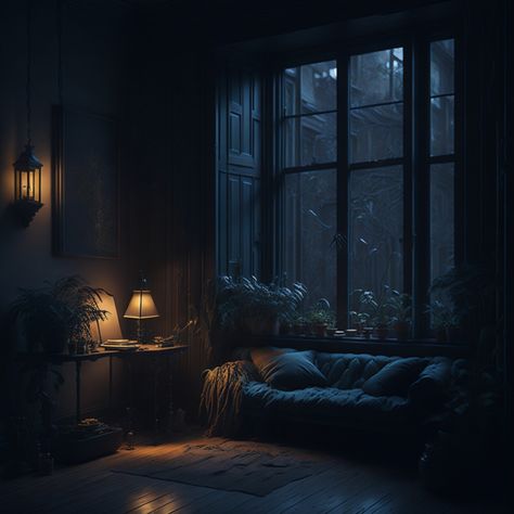 Quiet night...from cozy apartment Dark Romantic Bedroom Ideas, Dark Romantic Bedroom, Dark Bedroom Aesthetic, Dark Blue Rooms, Dark Cozy Bedroom, Romantic Bedroom Ideas, Moody Living Room, Bedroom Ideas Romantic, Cozy Living Room Design