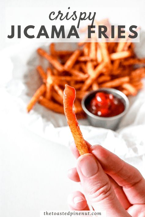 Keto jicama fries are crispy, low carb, and can be made in your air fryer or oven. This healthy comfort food will be your new favorite snack! thetoastedpinenut.com #thetoastedpinenut #jicama #jicamafries #ketofries Jicama Fries Air Fryer, Jicama Recipes, Fries Air Fryer, Jicama Recipe, Jicama Fries, Keto Side, Healthy Comfort, Low Carb Meal Plan, Paleo Recipes Easy