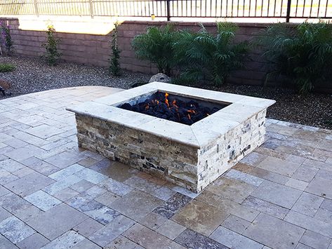 rectangle-fire-pit-travertine Fire Pit Video, How To Build A Fire Pit, Travertine Pavers, Rectangular Fire Pit, Fire Pit Landscaping, Cool Fire Pits, Fire Pit Ideas, Flagstone Patio, Wood Burning Fire Pit