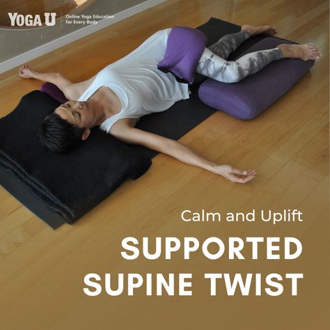 Supported Supine Twist is a calming and uplifting release for the entire spine. Yoga teacher Leza Lowitz shares how to practice this restorative pose and a cozy variation here. https://www.yogauonline.com/yoga-for-stress-relief/calm-and-uplift-supported-supine-twist #yogavariation #yogapose #yogaposevariation #supinetwist #yogi #yogagirl #yogajourney #meditation #yogalove #asana #namaste #yogaclass #yogaddict #yogaday #onlineyoga Supine Twist Yoga, Supine Twist, Spine Yoga, Restorative Yin Yoga, Twist Yoga, Yoga Education, Shoulder Tension, Yoga Day, Restorative Yoga