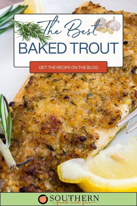 This easy baked trout recipe is perfect for a weeknight dinner or a special occasion. The fragrant rosemary and zesty lemon pair perfectly with the delicate fish, while a couple of secret ingredients and a special cooking method create a dish that's good enough for company. Sea Trout Recipe Baked Fish, Fresh Trout Recipes Baked, Baked Trout Recipes, Trout Recipes Baked, Speckled Trout Recipe, Baked Trout Fillet, Steelhead Trout Recipe Baked, Grilled Trout Recipes, Trout Fillet Recipes