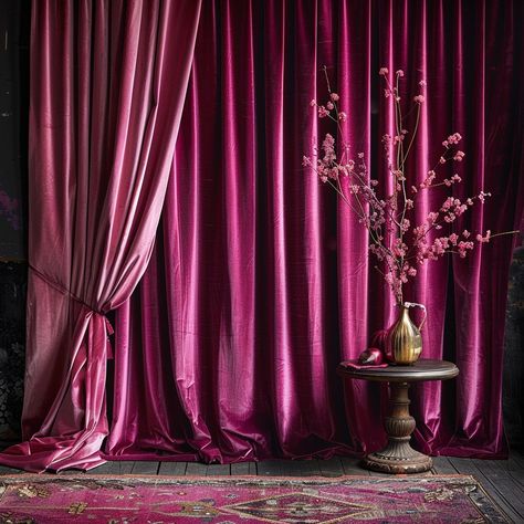 Silk Shower Curtain, Curtains Maximalism, Whimsigoth Curtains, Velvet Curtains Bedroom Decorating Ideas, Curtain Accent Wall, Curtain Wall Divider, Wall With Curtains, Patterned Curtains Bedroom, Velvet Walls