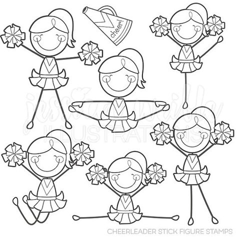 Cheerleader Stick Figures Digital Stamps, Cheerleader Line Art, Cheerleader Digital Stamp, Cheerleader Coloring Images, Cheer People Doodles, Simple Art Projects, Dance Drawings, Football Scrapbook, Locker Signs, Stick People, Drill Team, Drawing Lessons For Kids, Dancing Drawings