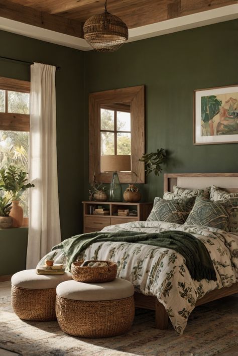 Discover the secrets of using wall art to effortlessly harmonize your bedroom's color scheme. Elevate your decor with expert tips! #ad     #Colortrend #wallpaint2024  #color2024  #DIYpainting  ##DIYhomedecor  #Fixhome Home Decor Colour Palette, Olive Green And Caramel Bedroom, Boho Room Green Walls, Green And Off White Bedroom, Colors That Go With Wood Trim, Olive Green Color Palette Bedrooms, Rustic Color Schemes For The Home, Overtly Olive Bedroom, Sherwin Williams Olive Grove