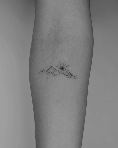 Mountain tattoo done in fine line, located on the inner Under Elbow Tattoos For Women, Fine Line Nature Tattoo, Inner Tattoo, Norway Tattoo, Moutain Tattoos, Above Elbow Tattoo, Berg Tattoo, Tattoo Sonne, Mountain Tattoo Simple