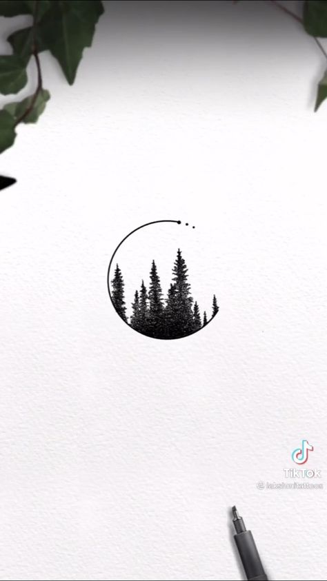 Circle With Mountains Tattoo, Pine Tree Circle Tattoo, Tree Tattoo Simple Minimalist, Small Forrest Tattoo Design, Minimal Forest Tattoo, Forest Flash Tattoo, Small Tattoo Ideas Nature, Small Tattoos Outdoors, Nature Tattoos Small Simple