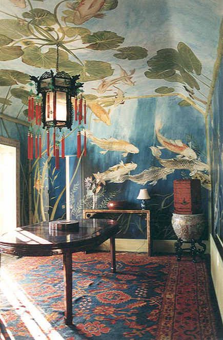 Koi pond mural on walls and ceiling. Boho Style Room, Chinoiserie Mural, Chinoiserie Chic, Fish Ponds, Bohol, Koi Fish, Ponds, The Room, Home Fashion