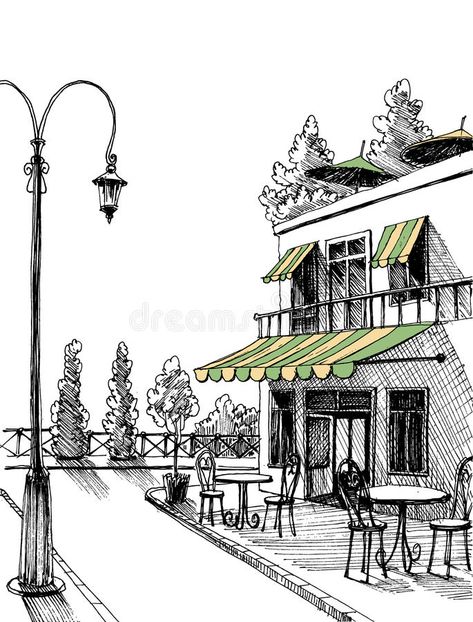 Street view sketch. Street view of a retro city restaurant terrace, sketch #Sponsored , #Sponsored, #SPONSORED, #view, #restaurant, #terrace, #sketch Restaurant Terrace, Easy Landscape Paintings, Retro City, City Scapes, City Sketch, Building Sketch, Building Drawing, Pen Art Drawings, City Drawing