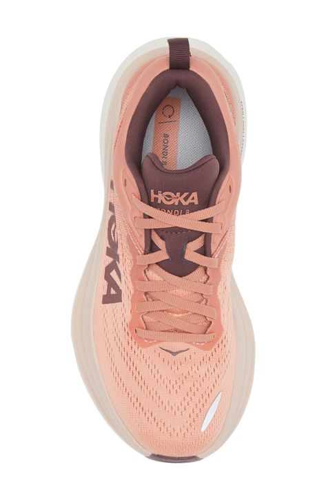 Built with soft and lightweight foam, this hard-working running shoe with a rear crash pad offers a balanced ride from heel strike to forefoot transition. Lightweight: puts cushioning and performance underfoot with an emphasis on streamlined comfort Lace-up style Removable OrthoLite® insole Textile upper and lining/rubber sole Imported Hoka Shoes Woman, Cute Running Shoes, Hoka Bondi 8, Hoka Shoes, Colorful Sneakers, Crash Pad, Pretty Shoes Sneakers, Shoe Inspo, Pink Clay