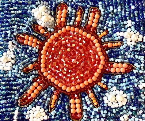 Beaded Sun hand stitched by Judy Kraus Sun Bead Embroidery, Sunrise Colors, Bead Embroidery Patterns, Sun Art, Random Art, Embroidery Jewelry, New Crafts, Bead Embroidery, Beaded Embroidery