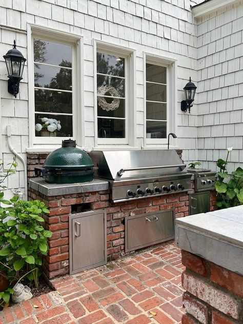 Outdoor Kitchen Uncovered, Outdoor Kitchen Against The House, Construction Reference, Rooftop Kitchen, Southern Backyard, Brick Outdoor Kitchen, Outdoor Cooking Station, Cooking Station, Side Patio