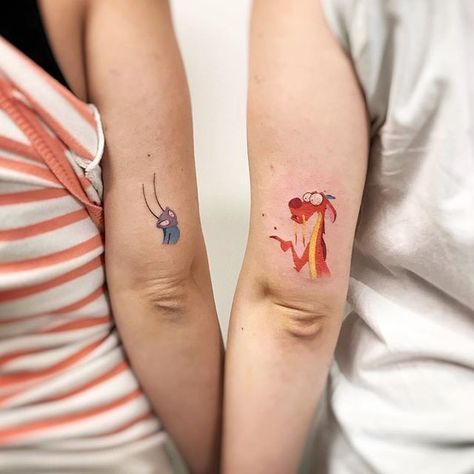 Mulan Cricket Tattoo, Disney Friends Tattoo, Colorful Cartoon Tattoos, Mushu Mulan Tattoo, Disney Tattoo Inspiration, Mushu And Cricket, Mushu Tattoo, Cricket Tattoo, Mulan Tattoo