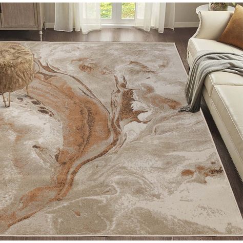 Feel at ease with the Superior Morwenna Modern Abstract Watercolor Indoor Area Rug. Area Rugs In Living Room Gold Brown, Contemporary Area Rugs Tan, Abstract Rug Living Room, Gold Abstract Area Rug, Simple Small Bathroom Ideas, Cow Print Chair, Brown Grey Rust Area Rug, Brown Dining Room, 8x10 Rug