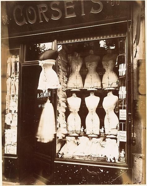 <strong>Inscription:</strong> Inscribed in pencil on mount, verso TC: "Bd. du Strasbourg // 379"; stamped in purple ink on mount, verso C: "PHOTO E. ATGET // COLLECTION BERENICE ABBOTT // 1 W. 67th ST. // COPYRIGHT" 1910s Aesthetic, 1900s Aesthetic, Eugene Atget, August Sander, Corset Shop, Berenice Abbott, Walker Evans, Robert Doisneau, French Victorian