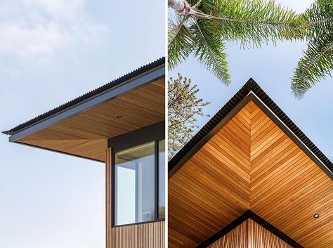 Deep roof eaves meet the wood siding that's made from cedar. Wood Slat Facade, Wood Slat Exterior, House Eaves, Roof Eaves, Wood Facade, Seaside House, Contemporary House Exterior, Wood Roof, Rest House