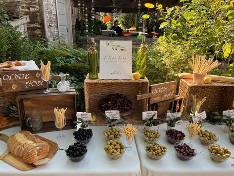 Olive You 🫒 Olive bar at wedding Olives Wedding Decoration, Wedding Decor Olive, Olive Bar Ideas, Wedding Pickle Bar Ideas, Olive Bar Wedding, Olive Theme Party, Olive Decoration Wedding, Pickle Bar Wedding, Olive Wedding Theme