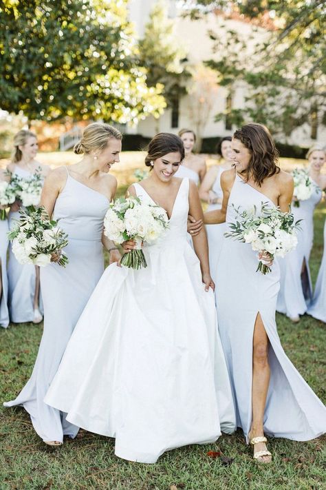 Amsale Faille Bridesmaid Dresses, White And Blue Wedding Bridesmaids, Lake Martin Wedding, Timeless Classic Wedding Theme, Coastal Wedding Photography, Icy Blue Bridesmaids Dresses, Florida Wedding Colors, Lake Wedding Colors, Bridesmaid Blue Dresses